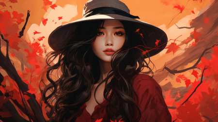 a woman in a hat and red dress is surrounded by autumn leavesの素材
