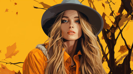 a woman wearing a hat and an orange shirt in front of autumn treesの素材