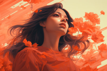 a woman with long black hair is surrounded by red flowersの素材