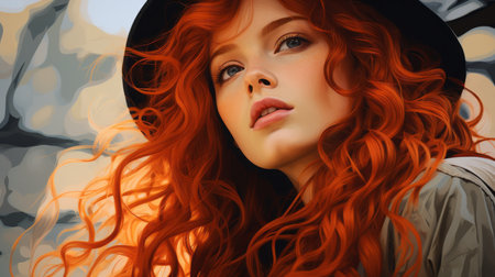 a woman with long red hair and a black hatの素材
