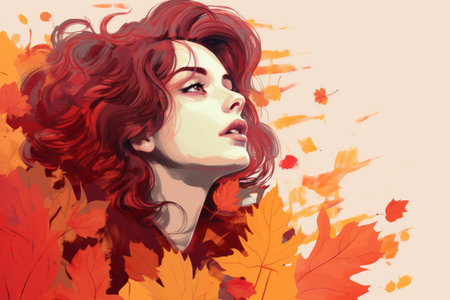 a painting of a woman with red hair and leavesの素材