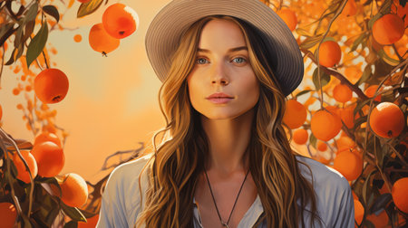 a woman wearing a hat and standing in front of an orange treeの素材