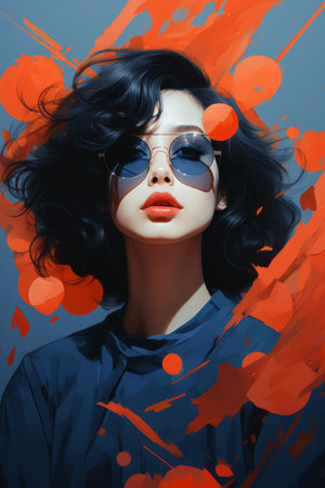 a woman wearing sunglasses and an orange and blue backgroundの素材