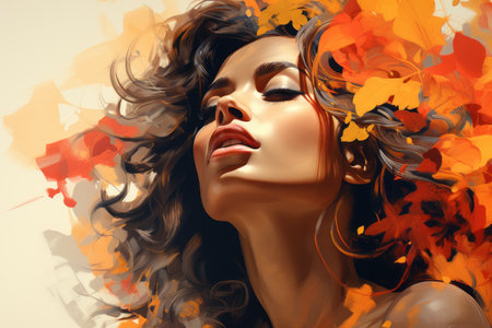an artistic painting of a woman with autumn leaves on her headの素材