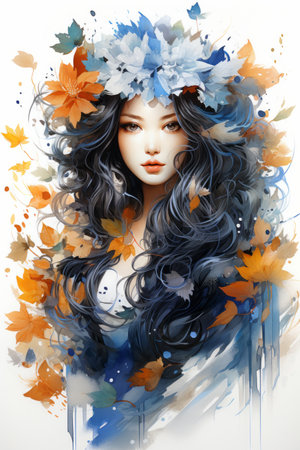 an artistic painting of a woman with blue hair and leaves on her headの素材