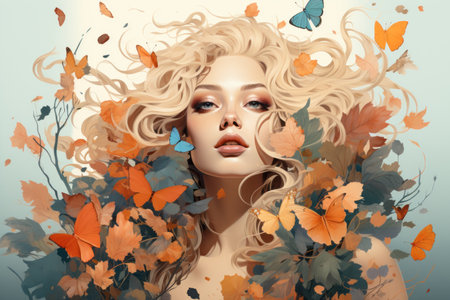 a woman with long blonde hair is surrounded by autumn leavesの素材