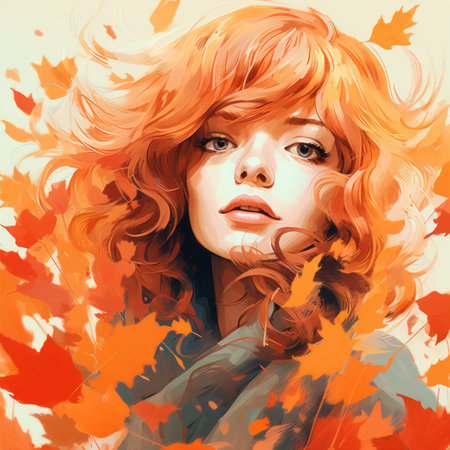 a painting of a woman with red hair and leavesの素材