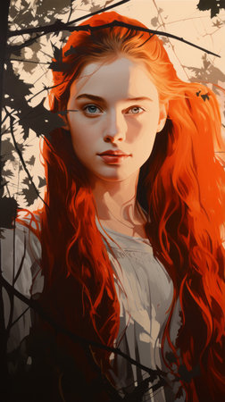 a woman with long red hair in the woodsの素材