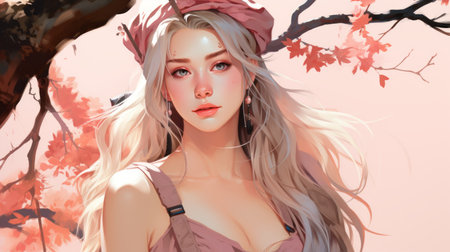 an illustration of a woman with long hair and a pink dressの素材
