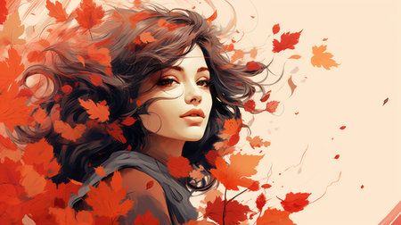 a woman with long hair is surrounded by autumn leavesの素材