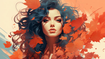 a woman with blue hair is surrounded by autumn leavesの素材