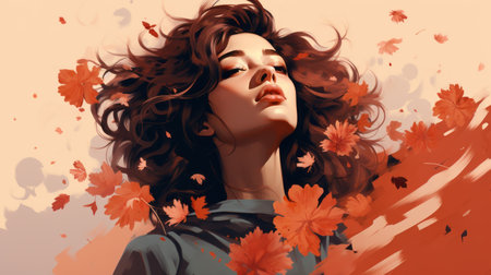 a woman with curly hair is surrounded by autumn leavesの素材