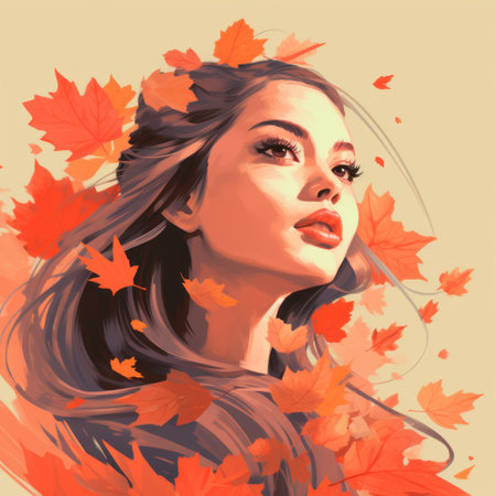 a woman with long hair is surrounded by autumn leavesの素材