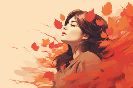 a woman with red leaves blowing in the windの素材