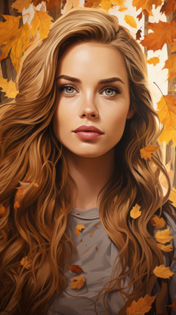a woman with long wavy hair is surrounded by autumn leavesの素材