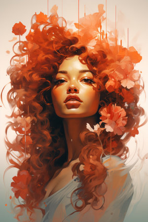 a woman with red curly hair and flowers in her hairの素材