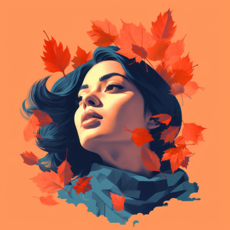 an illustration of a woman with autumn leaves in her hairの素材