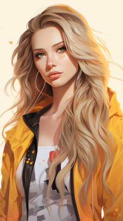 an illustration of a beautiful blonde woman wearing a yellow jacketの素材