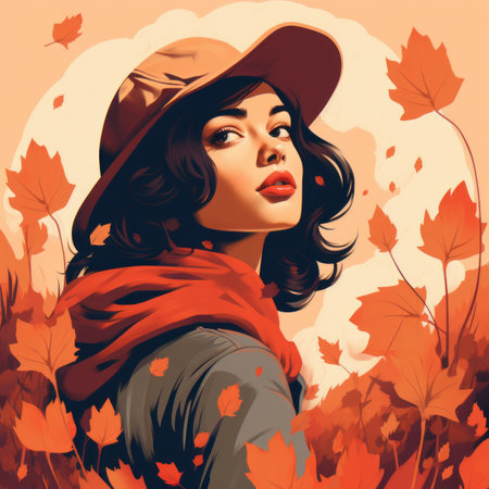 a woman in a hat and scarf is surrounded by autumn leavesの素材