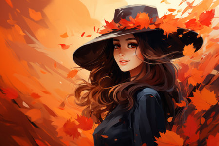 an illustration of a woman in a black hat with autumn leavesの素材