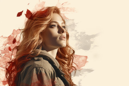 a woman with long red hair and leaves on her faceの素材