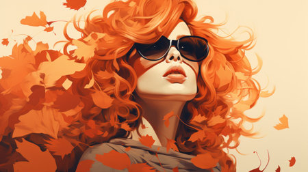 a woman with red hair and sunglasses is surrounded by autumn leavesの素材