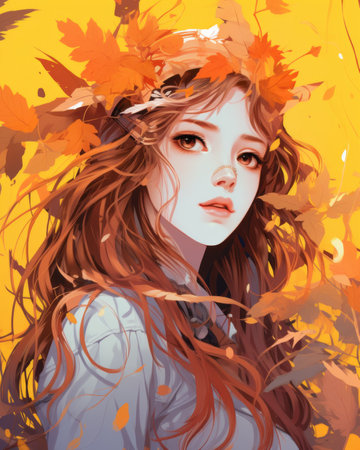 an anime girl with long hair and leaves in her hairの素材