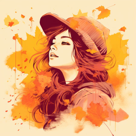 an illustration of a woman with a hat and autumn leavesの素材