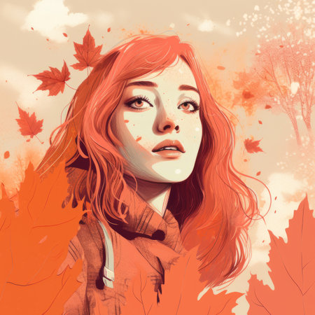 an illustration of a woman with red hair and leavesの素材