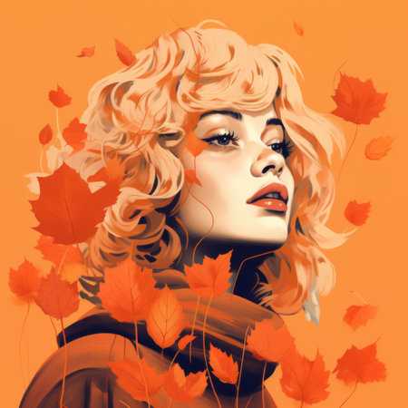 a woman with blonde hair is surrounded by autumn leavesの素材