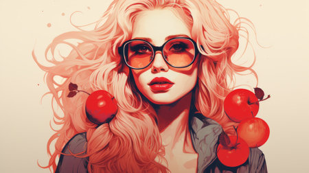 an illustration of a woman with sunglasses and red applesの素材
