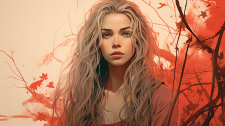a woman with long blonde hair is in front of a red backgroundの素材