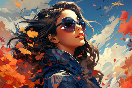 a woman in sunglasses and a blue jacket is surrounded by autumn leavesの素材