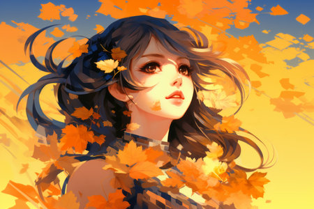 anime girl with autumn leaves in her hairの素材