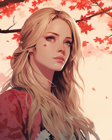 anime girl with long blonde hair and red leaves on her faceの素材