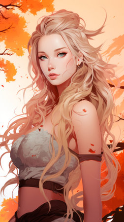 anime girl with long blonde hair standing in front of autumn treesの素材