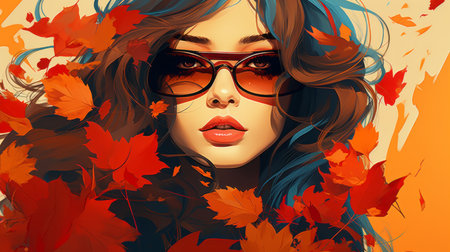 an illustration of a woman with sunglasses and autumn leavesの素材