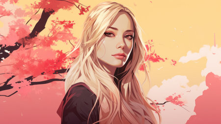 a woman with long blonde hair in front of a cherry treeの素材