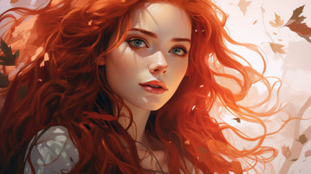 a woman with long red hair and leaves in the backgroundの素材