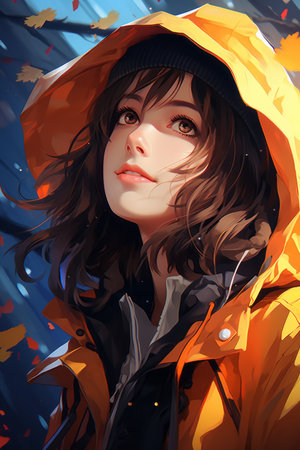 anime girl wearing an orange raincoat in the woodsの素材