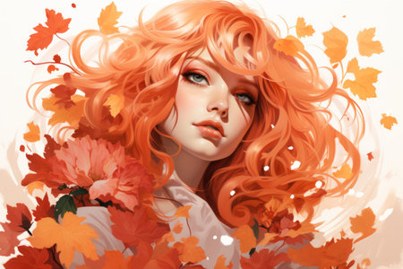 an orange haired woman with flowers in her hairの素材