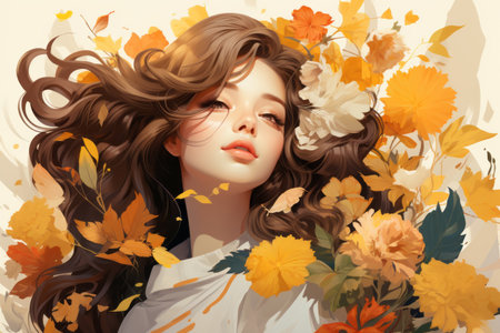 a woman with long hair and flowers in her hairの素材