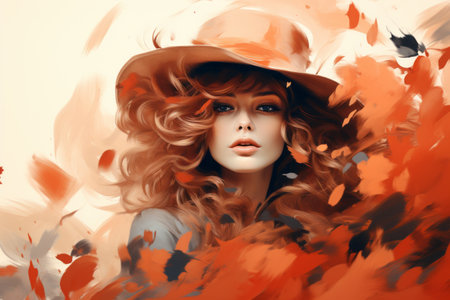 an artistic painting of a woman wearing an orange hatの素材
