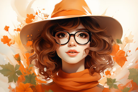 an illustration of a woman wearing an orange hat and glassesの素材