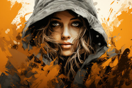 a woman in a hoodie with paint splatters on her faceの素材