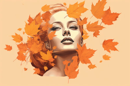 an illustration of a woman with autumn leaves in her hairの素材