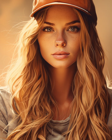 portrait of a beautiful blonde woman in a baseball capの素材