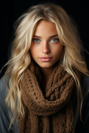 a beautiful blonde woman wearing a brown scarfの素材