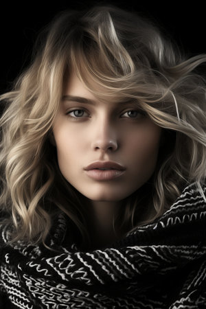 a beautiful blonde woman in a black and white scarfの素材