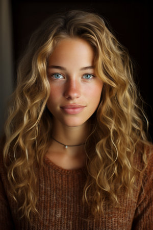 a beautiful young woman with curly hair and blue eyesの素材